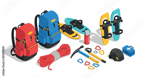 Outdoor adventure gear with backpacks, climbing tools, and snowshoes in isometric style