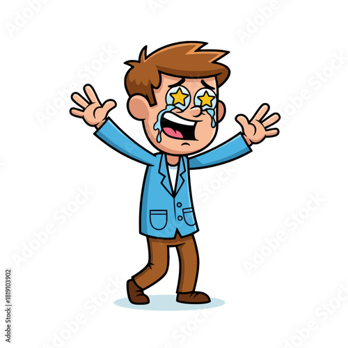 Cartoon man with stars in his eyes crying tears of overwhelming joy and excitement.