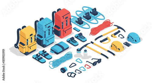 Colorful isometric hiking gear with backpacks, climbing tools, and snowshoes