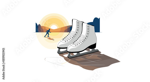 Elegant ice skates with sunset background and figure skater silhouette