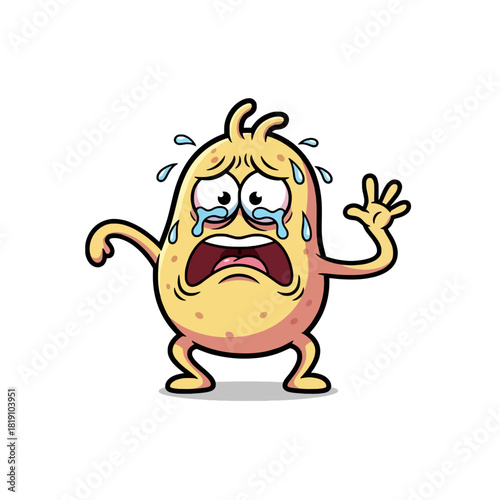 A terrified cartoon potato monster crying and sweating with fear on a white background.