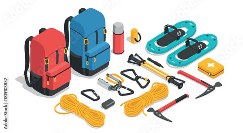Isometric hiking and climbing gear collection with backpacks and equipment