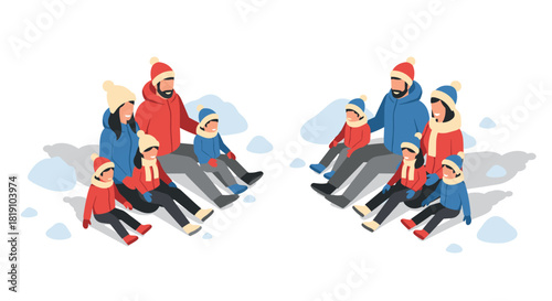 Happy family sitting in winter outfits on snowy day in isometric style