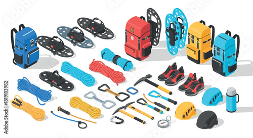 Isometric outdoor adventure gear collection for hiking and climbing enthusiasts