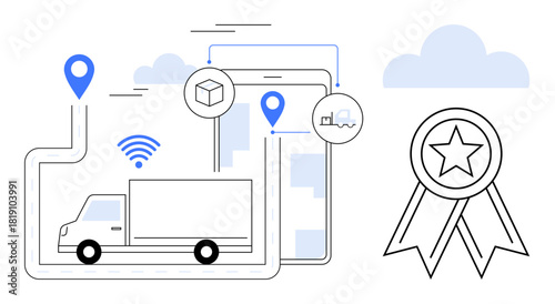 Supply chain truck with digital tracking, geolocation on a mobile device, connectivity symbols, and a ribbon award. Ideal for logistics, technology, transportation, achievement, efficiency