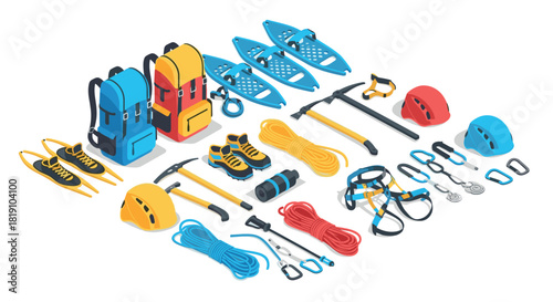 Isometric mountaineering gear set with backpacks, climbing tools, and snowshoes