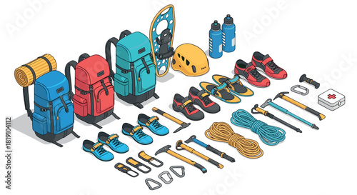 Outdoor adventure gear collection with backpacks, climbing equipment, hiking essentials, and safety tools