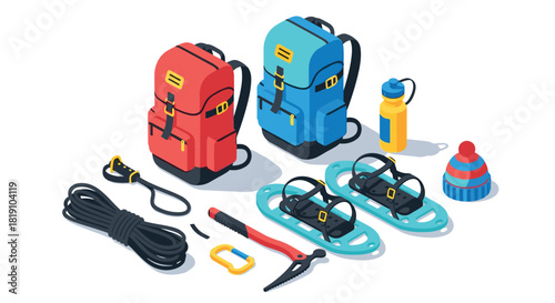 Isometric camping gear backpacks, snowshoes, ice axe, and more essentials