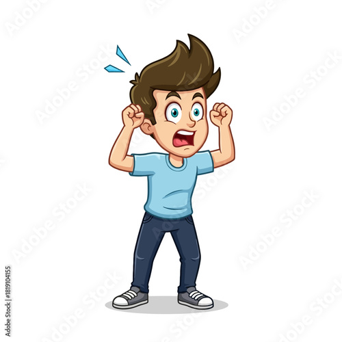 Cartoon man with a shocked expression, holding his hands up to his head.