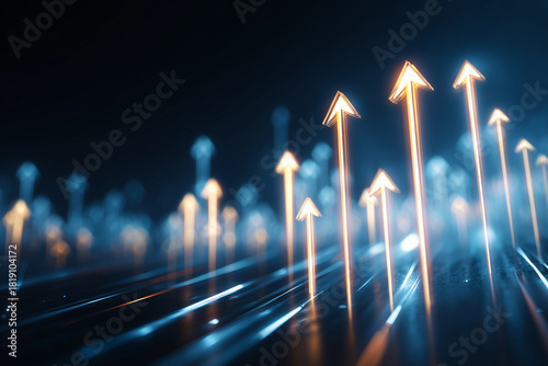 Bright Glowing Upward Arrows on Dark Background Representing Business Growth, Financial Success, and Future Development