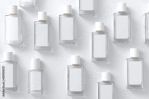 Clear Glass Rectangular Bottles with White Caps and Blank Labels Arranged on a White Background for Product Mockup