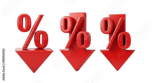 Three dimensional rendering of red percentage symbols with downward pointing arrows on black background