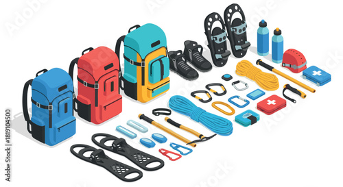 Essential winter hiking gear in isometric style for outdoor adventures
