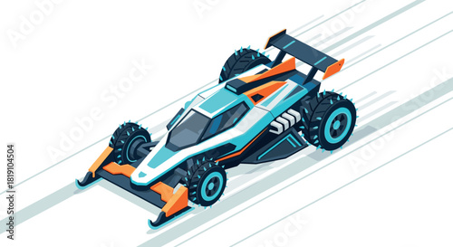 Futuristic racing buggy in dynamic isometric design on white background