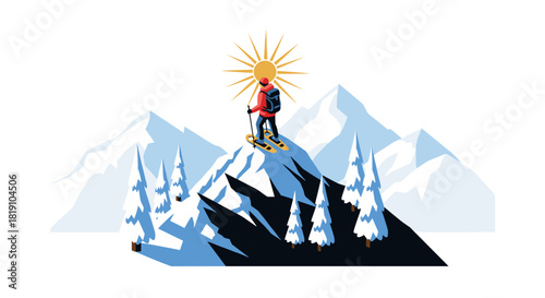 Alpine adventure skier on snowy mountain with sunlit backdrop