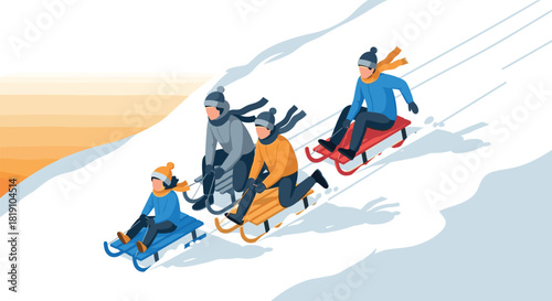 Family enjoying winter sledding adventure on snowy hill in sunset light