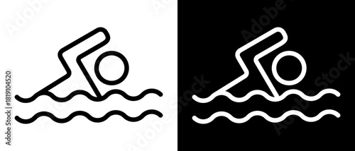 Vector swimming icons in thin outline style. Line design representing swimming signs, prohibition marks and beach or pool safety guidelines.