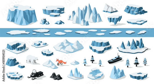 Isometric arctic landscape with icebergs, animals, and winter elements