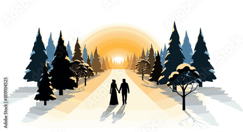 Couple walking in winter wonderland sunset with snowcovered trees
