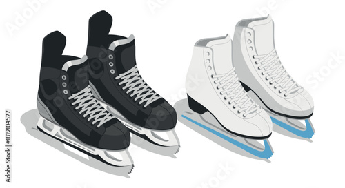 Pair of black and white ice skates on white background