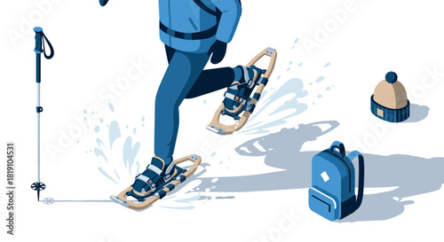 Enjoying a winter adventure in snowshoes with gear and accessories