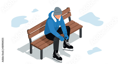 Isometric winter scene person lacing ice skates on a park bench