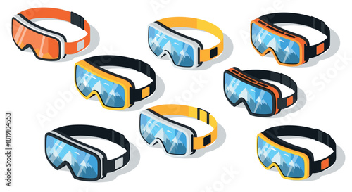 Colorful isometric ski goggles with mountain reflections on transparent background