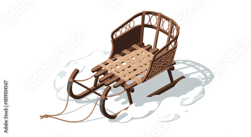 Traditional wooden sled in snow with detailed craftsmanship design