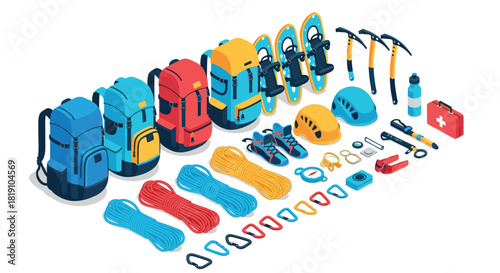 Isometric hiking and climbing gear set with backpacks, helmets, and tools for outdoor adventures