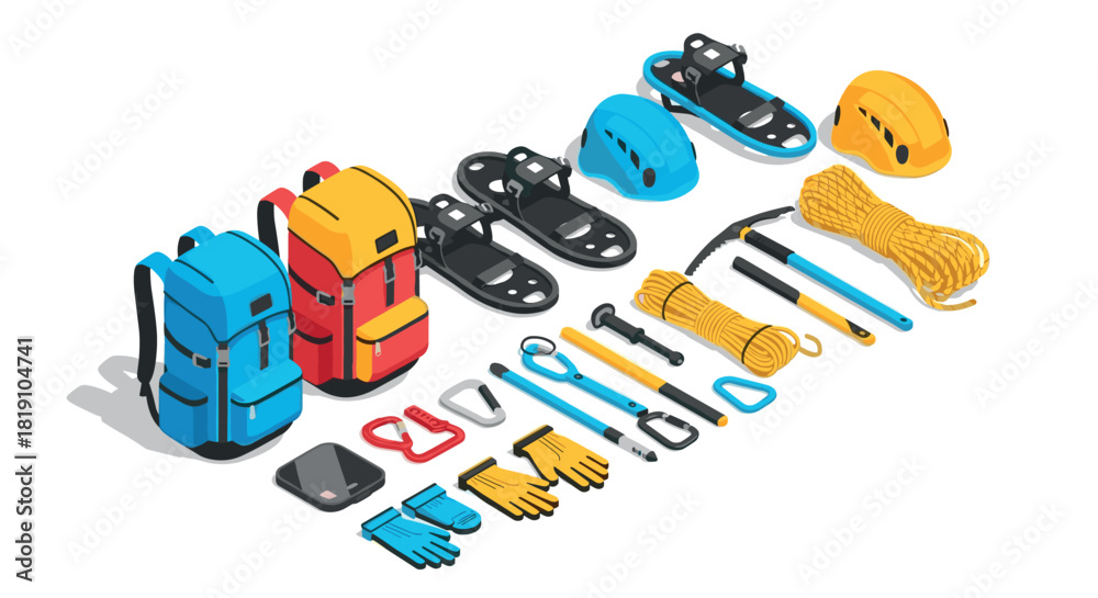 Obraz premium Isometric mountaineering gear set featuring backpacks, helmets, ropes, and climbing tools