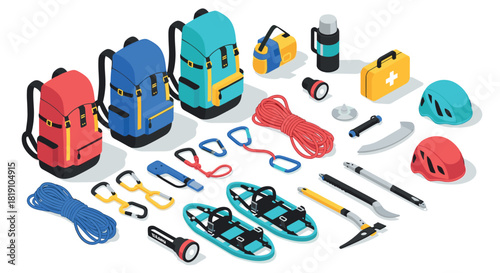 Essential winter hiking gear in isometric style backpacks, climbing tools, and safety equipment