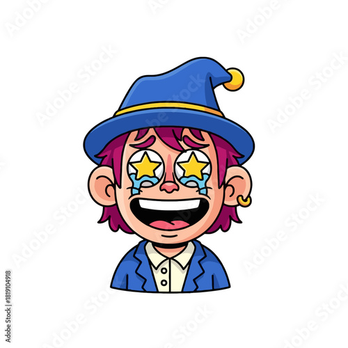 A cartoon illustration of an excited person wearing a blue wizard hat with stars in their eyes and tears of joy.
