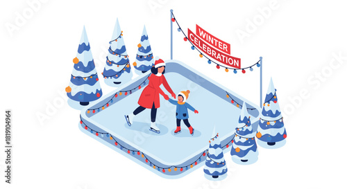 Winter celebration scene with skaters in festive isometric rink decorated with lights and trees