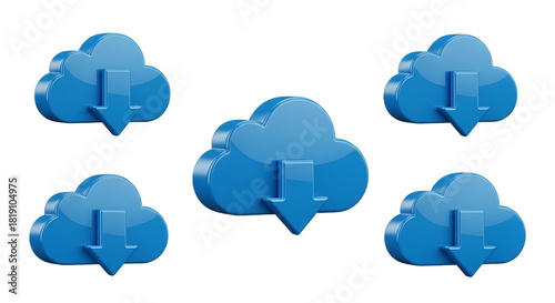 Five blue glossy cloud download icons arranged on a black background in a symmetrical pattern