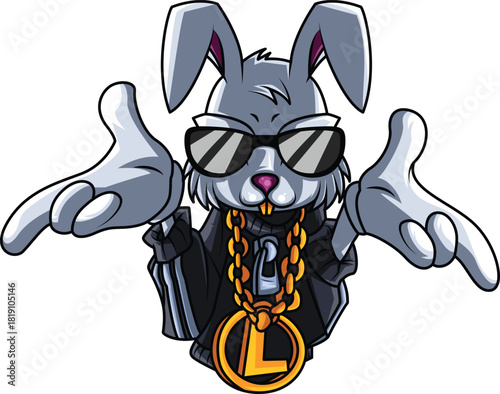 Cool cartoon rabbit character in sunglasses and gold chain.