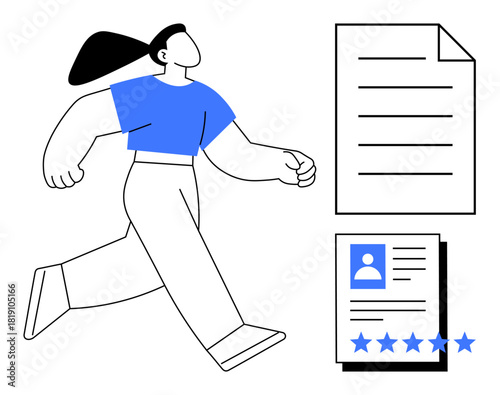 Woman walking near documents, including a profile page with a star rating and a written file. Ideal for recruitment, career, HR, job applications, evaluation, achievements, and verification themes