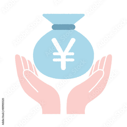 両手で支える青い円袋（円マーク付き）｜資産保護・経済サポートのイラスト