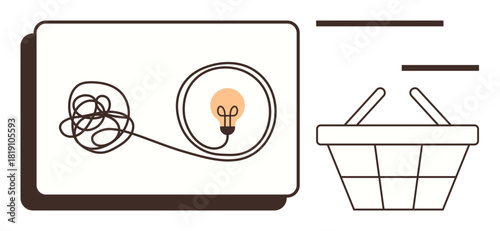 Tangled cord leading to glowing light bulb on paper next to idea basket. Ideal for innovation, brainstorming, problem-solving, creativity, productivity, organization, strategy. A simple flat metaphor