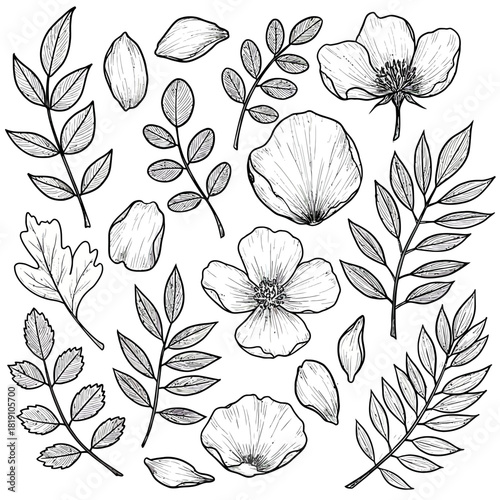 A detailed vector set of hand-drawn botanical elements featuring various leaves, delicate petals, and blooming flowers in a minimal black and white sketch style