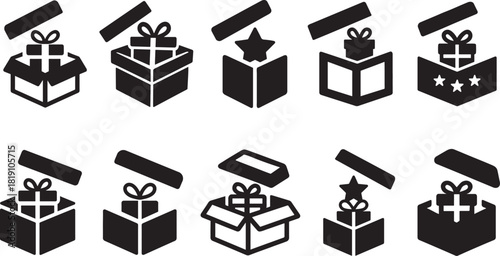 Silhouette Christmas gift inside icon set with bold shapes, perfect for festive holiday designs.