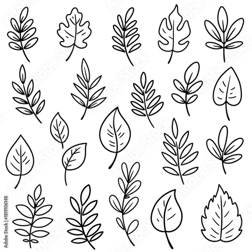 Collection of twenty simple hand-drawn botanical leaf doodles. Minimalist black outline sketch style vector elements for nature design
