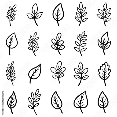 A collection of twenty hand-drawn leaf and branch vector icons. Simple floral elements set in a minimalist cartoon doodle style