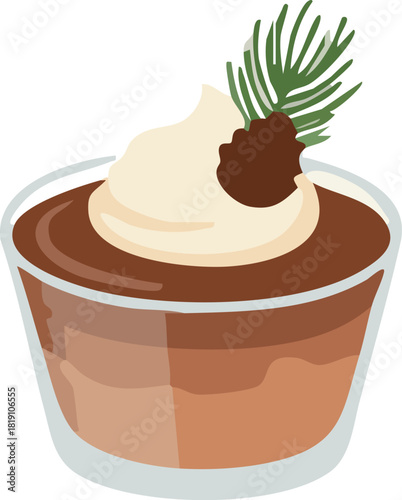 A creamy chocolate dessert served in a glass cup, topped with whipped cream and a tiny pinecone decoration for a festive winter look.