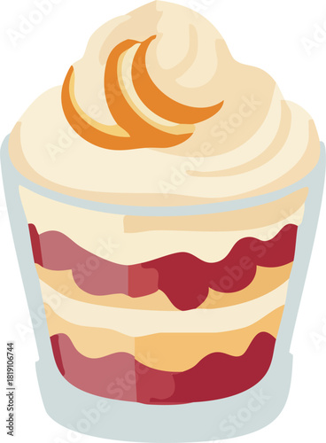 A layered holiday trifle in a glass cup, filled with cream, sponge cake, and berry jelly, topped with whipped cream and orange slices in a cozy flat style.