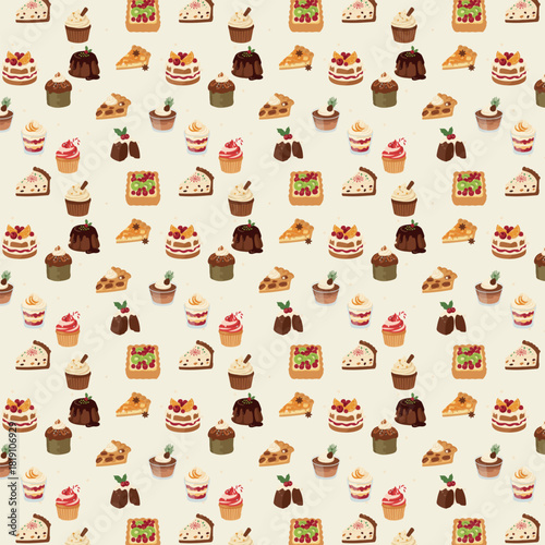 A seamless festive pattern featuring assorted Christmas desserts such as cakes, pies, cupcakes, puddings, and trifles, illustrated in a warm cozy flat style on a light background.