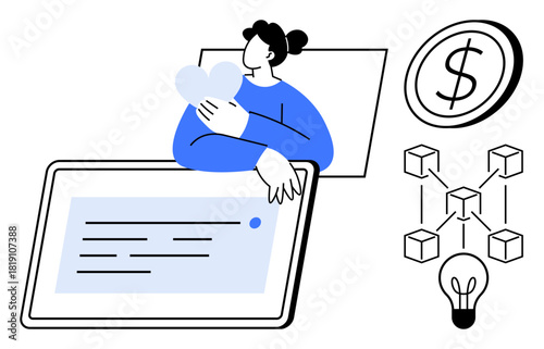 Woman hugging heart shape near tablet, dollar sign, blockchain cubes, and light bulb. Ideal for technology, innovation, digital business, creativity blockchain charity finance. Simple flat