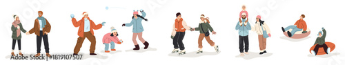 Winter activities. People are walking, building a snowman, having a snowball fight, tubing, and ice skating. Flat cartoon vector illustration.