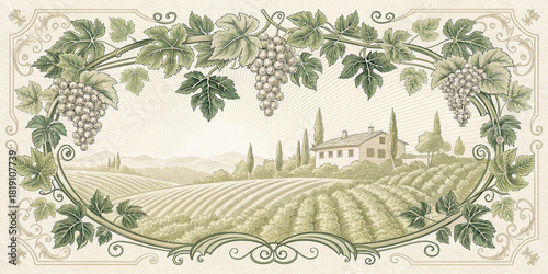 Vintage vineyard landscape with grapes leaves and farm in rustic style