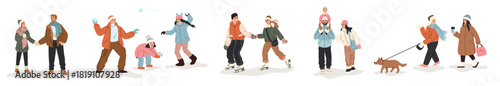Winter activities. People are walking, building a snowman, having a snowball fight, tubing, and ice skating. Flat cartoon vector illustration.