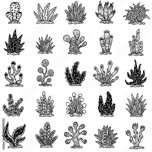 A versatile vector collection of 25 hand-drawn underwater plants, seaweed, and coral icons with a rough ink brush texture for design